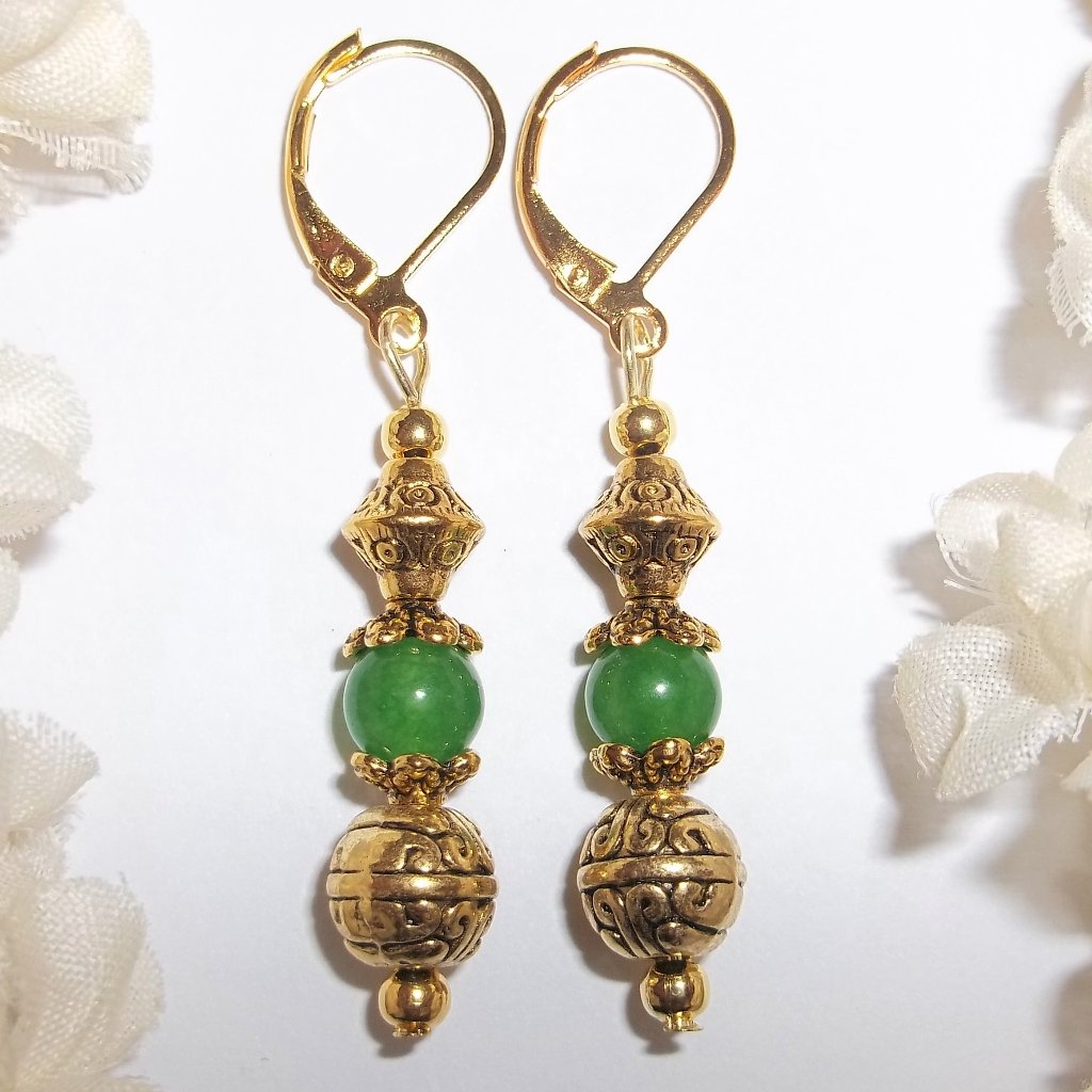 Handmade Earrings Gold & Faux Jade Green Dangle Drop Jewelry Gift For Her 6358